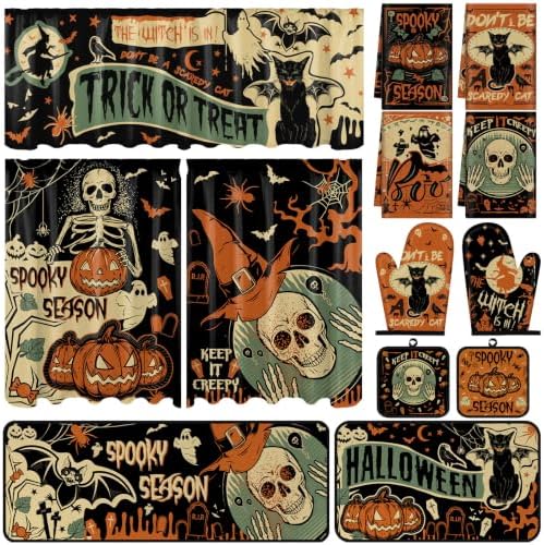 13 Pcs Vintage Gothic Halloween Kitchen Decor, Kitchen Rugs Curtains