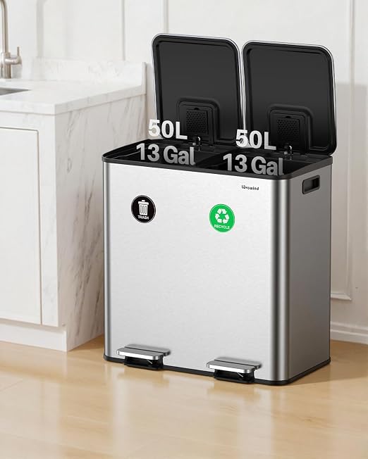 Dual Trash and Recycling Bins for Kitchen, 2×13 Gallon Stainless Steel Trash - Image 3
