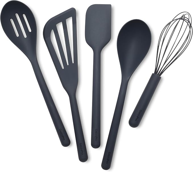 GreenPan Silicone 5 Piece Cooking Utensil Set, Slotted & Solid Spoon, Flexible by GreenPan