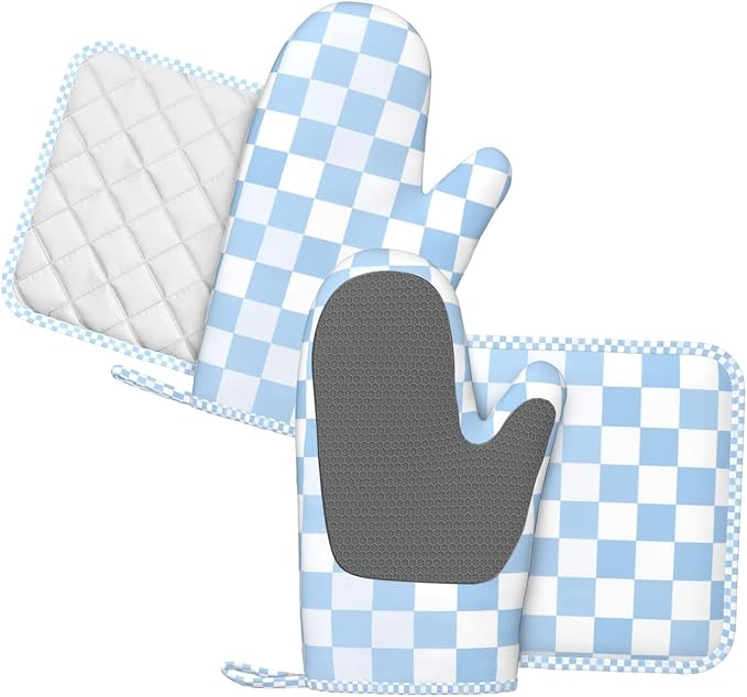 Oven Mitts and Pot Holders Set, Checkerboard Pattern Pastel Blue Silicone - Image 2