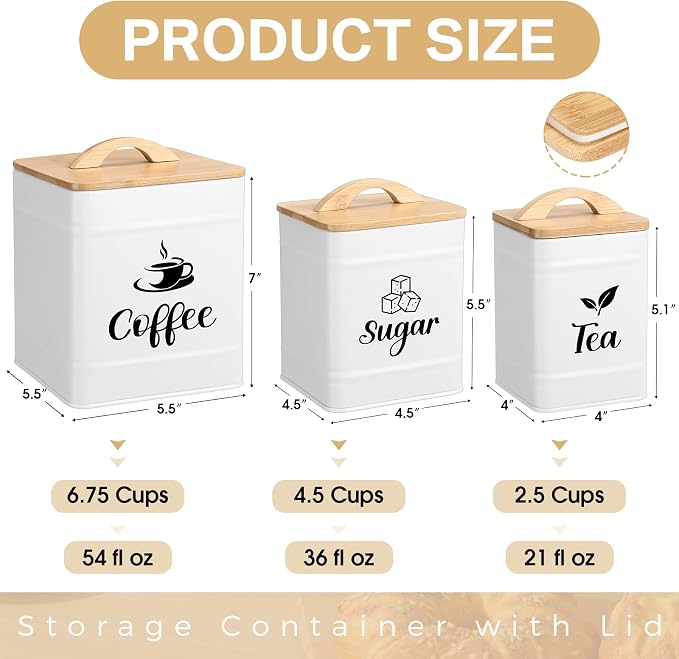 Maxdot 3 Set Coffee Sugar Tea Containers, Square Airtight Kitchen Canisters - Image 2