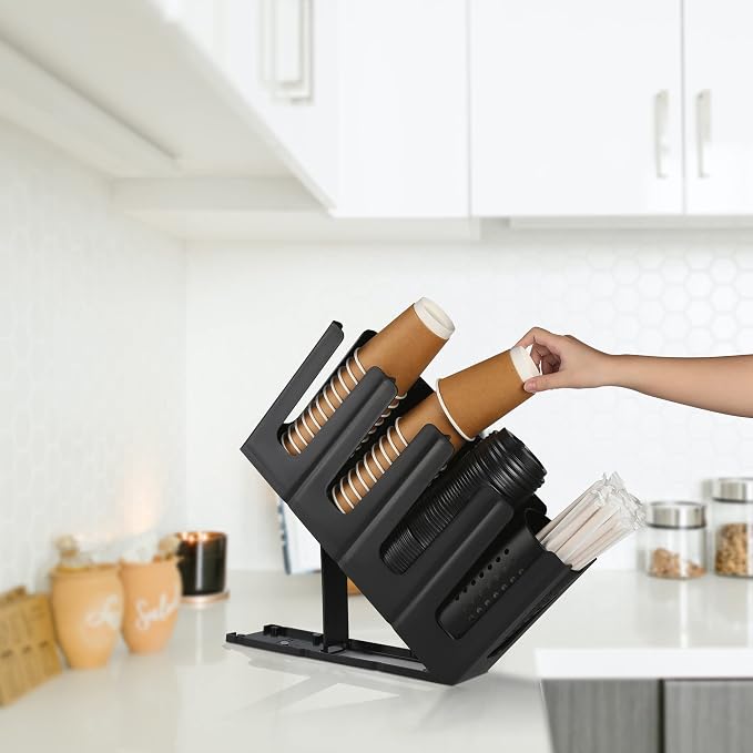 Paper Cup and Lid Holder with Straw Organizer, Disposable Coffee Cup Dispenser - Image 5