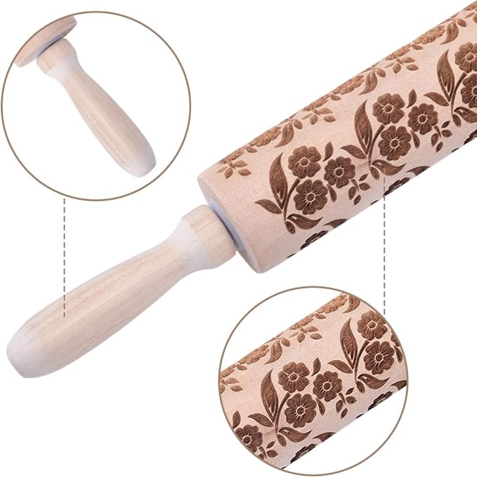 Embossed Wooden Rolling Pin Flower Leaves Print 35cm Rolling Pin - Image 3