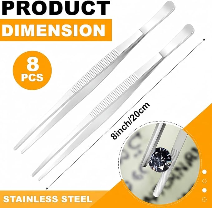 Yaomiao 8 Packs 8 Inch Bar Tweezers Silver Cocktail Tongs Long Garnish Tweezers - Image 2