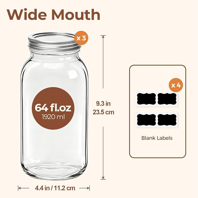ComSaf Half Gallon Mason Jar 64oz 3Pcs, Wide Mouth Mason Jars - Image 2
