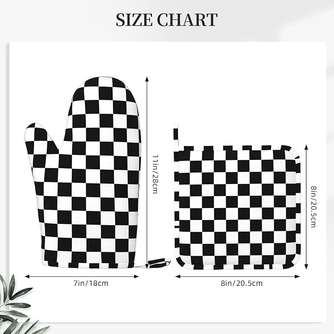 Black White Checkered Oven Mitts and Pot Holders Sets of 4, Heat Resistant - Image 2