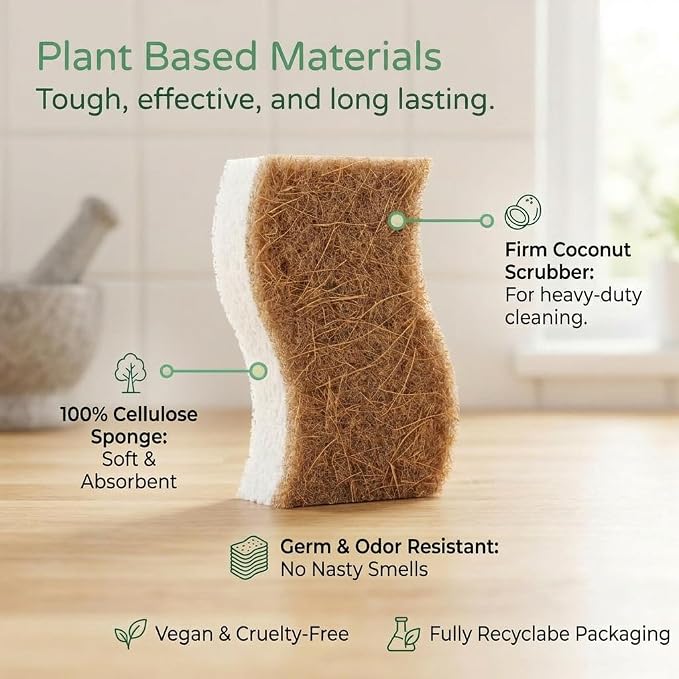12 Pack Natural Kitchen Sponges, Compostable White Cellulose & Organic Coconut - Image 6