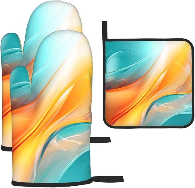 Turquoise Orange Abstract Art Oven Mitts & Pot Holders Sets of 3, Heat by Unknown