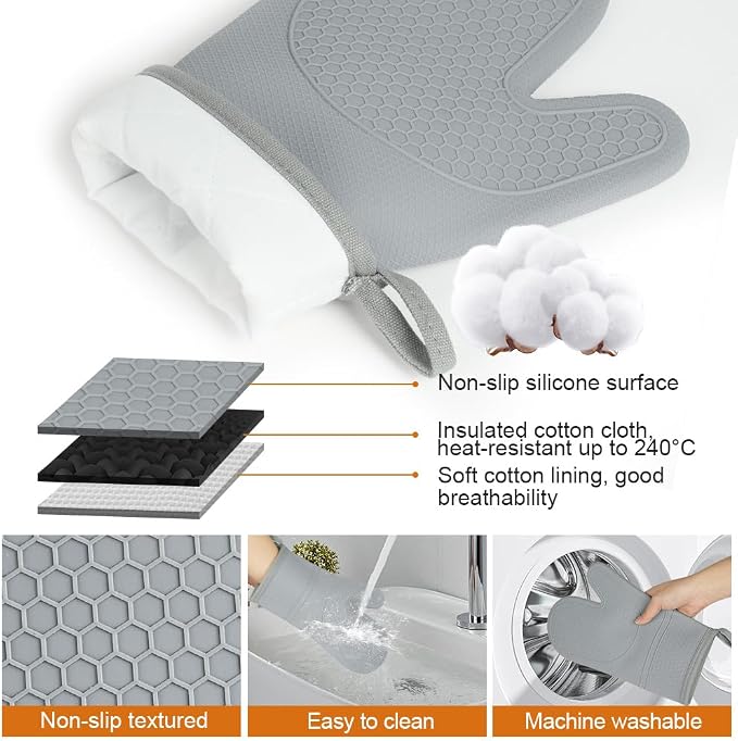 AUAUY Oven Mitts with 2 Potholders, Silicone Oven Gloves Heat Resistant 464°F - Image 3