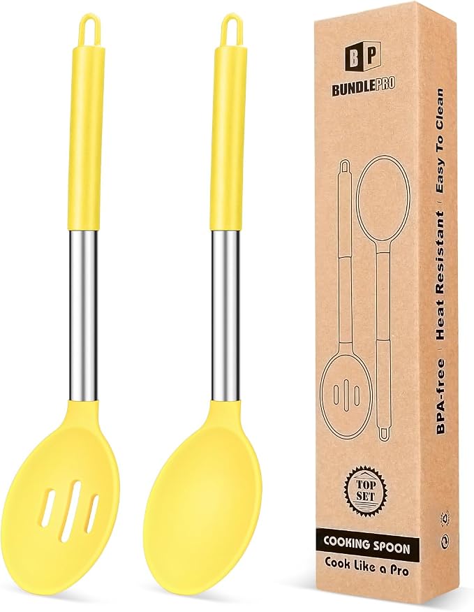Pack of 2 Large Silicone Cooking Spoons, Non Stick Solid Basting Spoon by BUNDLEPRO