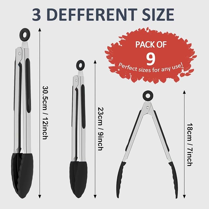 9 Pieces Silicone Tongs for Cooking 7, 12 inches Kitchen Tongs - Image 2