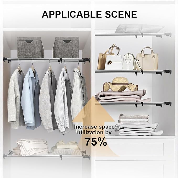 Hershii Expandable Closet Tension Shelf Rod Adjustable Metal Storage Rack - Image 3
