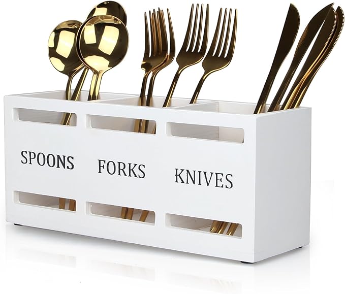 Wooden Silverware Cutlery Holder White Flatware Caddy Small Kitchen Utensil by Ayiaren