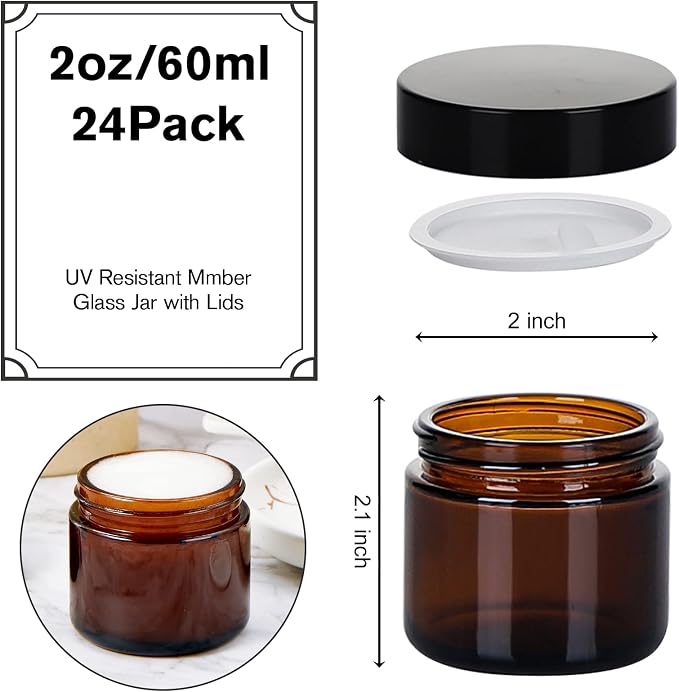 2oz Jars with Lids, Hoa Kinh 24 Pack Amber Glass Jars with Lids Empty Cosmetic - Image 3