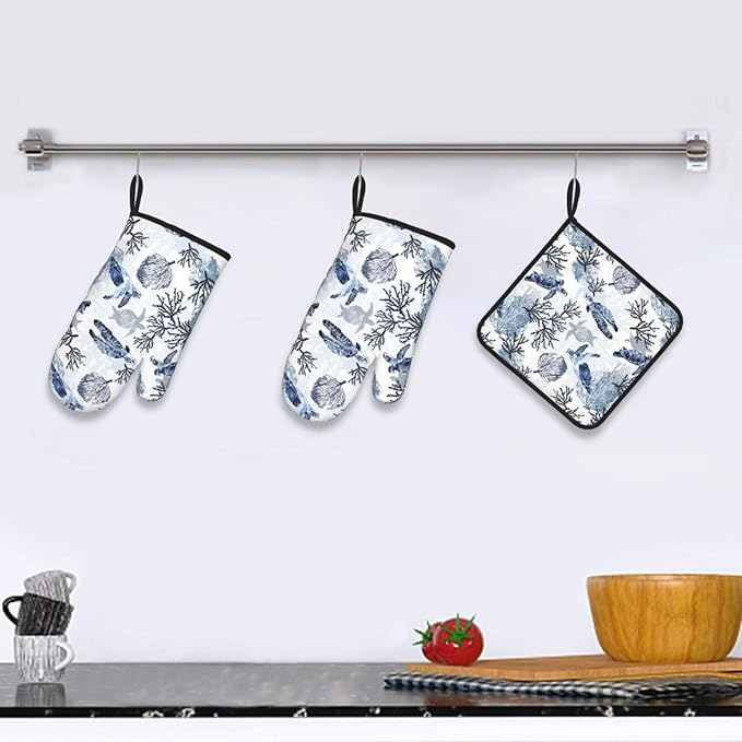 Navy Blue Ocean Sea Turtle Oven Mitts and Pot Holders Sets of 3, Heat Resistant - Image 2