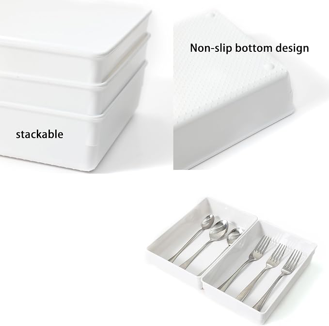 3 Pack White Plastic Drawer Organizer Tray Cutlery Utensil Makeups Drawer - Image 3