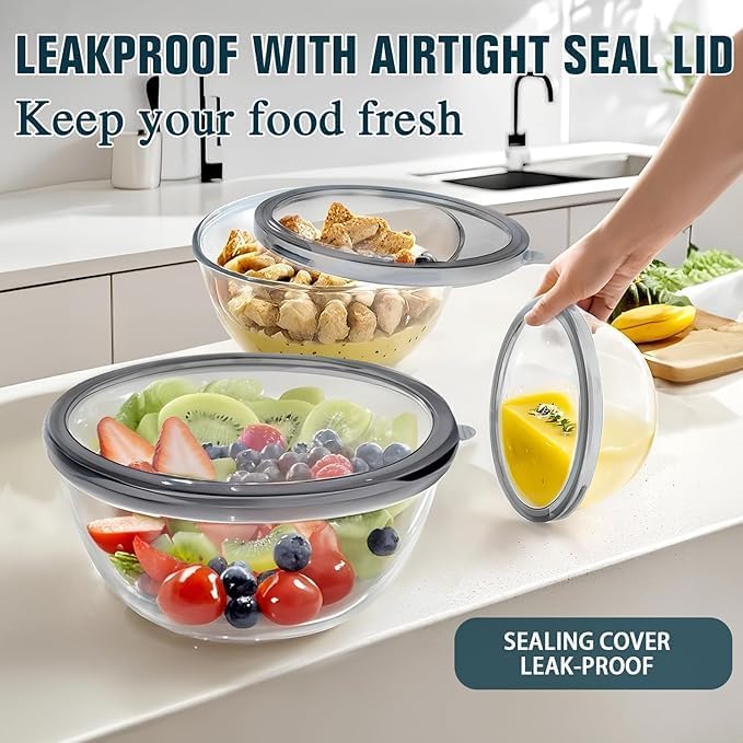Glass Mixing Bowls with Lids Set,3-Piece Nesting