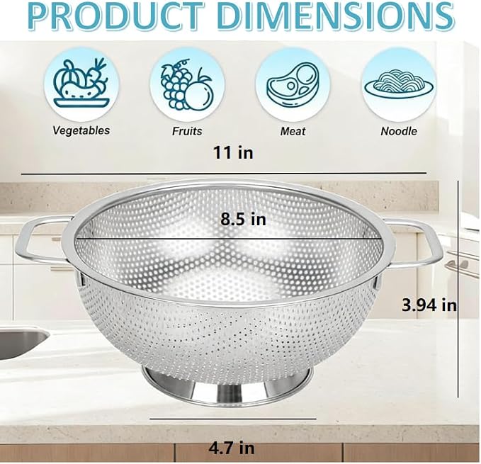 304 Stainless Steel Colander, Micro-Perforated 3-Quart Strainer - Image 2