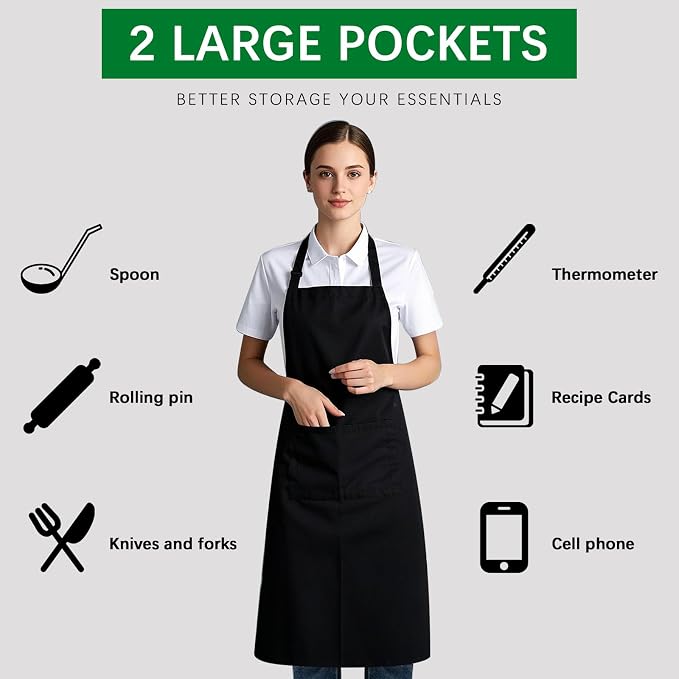Bib Apron - Unisex Black Aprons 2 Pockets Cooking Kitchen Apron - Image 5