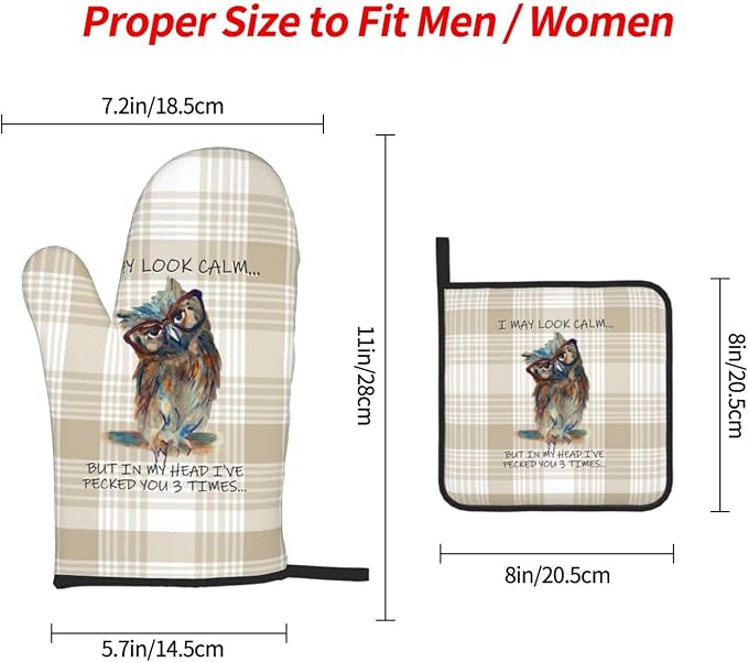 Funny Owl Oven Mitts and Pot Holders Sets of 3 Kitchen Hot Pads Cute Buffalo - Image 4