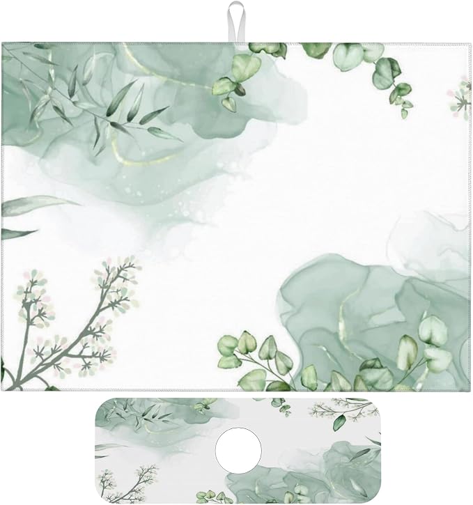 Watercolor Green Leaf Floral Dish Drying Mat by Unknown