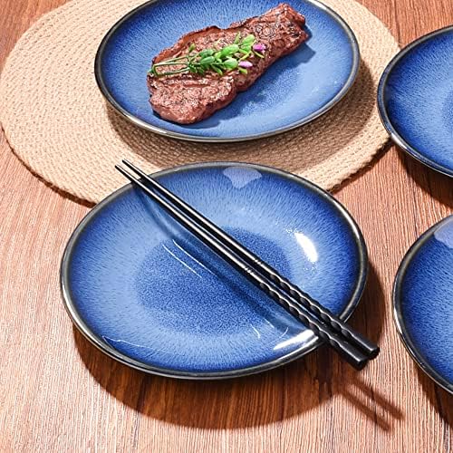 Ceramic Dinner Plate Set of 4, 7.5 Inch Blue Reactive Glaze Salad