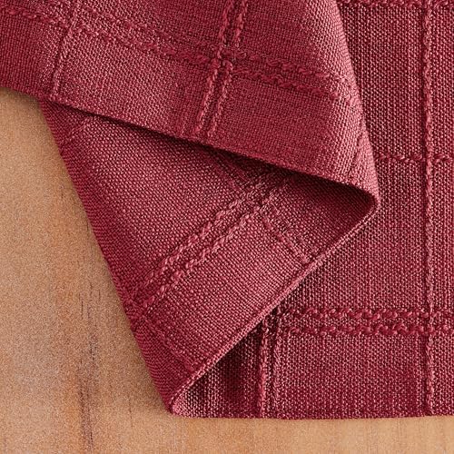 ZeeMart Linen Checked Farmhouse Placemats Set of 6, Burgundy 13x19in