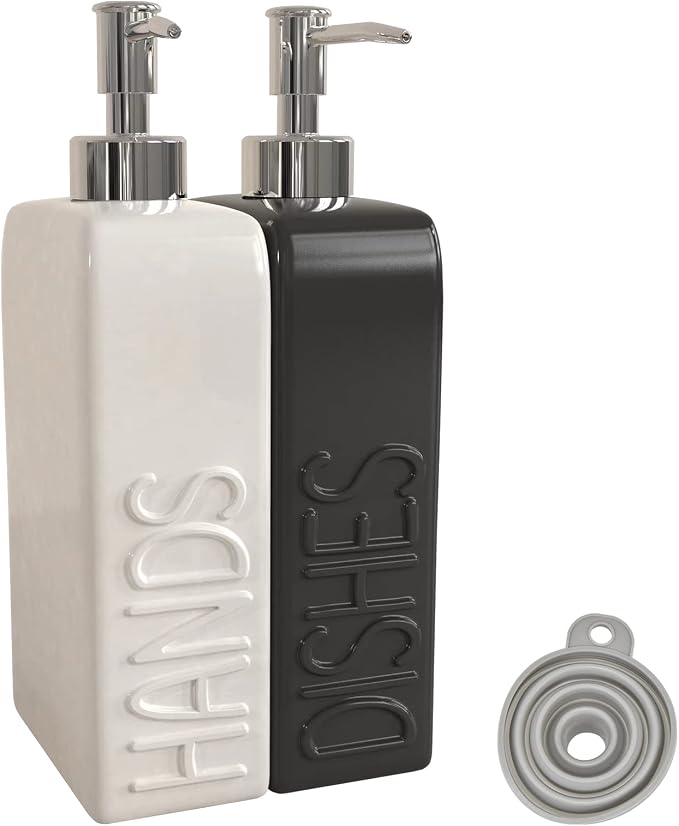 Soap Dispenser Set with Funnel, Non-Slip Silicone Pads, 2 Pack Ceramic by Karisky