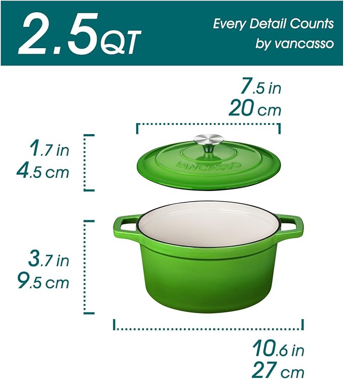vancasso Enameled Cast Iron Dutch Oven, 2.5 QT Green Naturally Non-Stick - Image 2
