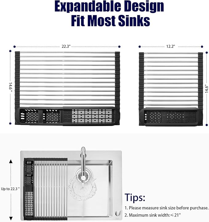 Roll Up Dish Drying Rack, Expandable Over The Sink Dish Drainer, Stainless - Image 3