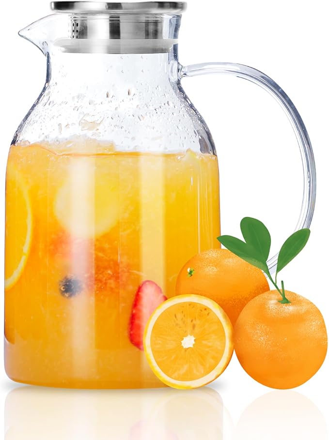 Glass Water Pitcher with Lid and Spout, 68 Ounces Heat Resistant Borosilicate by Vekonn