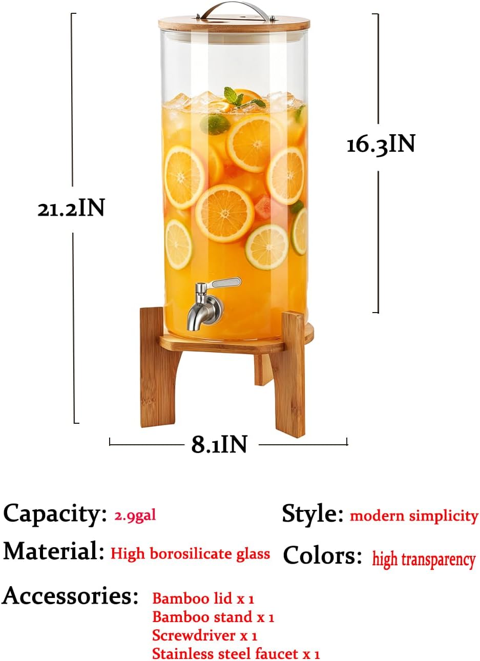 Beverage Dispenser,2.9 Gallon Glass Drink Dispenser with Stand,Glass
