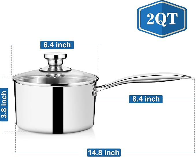 P&P CHEF 2 Quarts Tri-Ply Stockpot and Saucepan, Stainless Steel Sauce Pan - Image 2