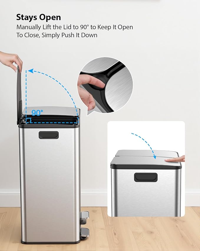 Lovewind Kitchen Trash Can, 2 x 8 Gallon Stainless Steel Trash and Recycle Bin - Image 5