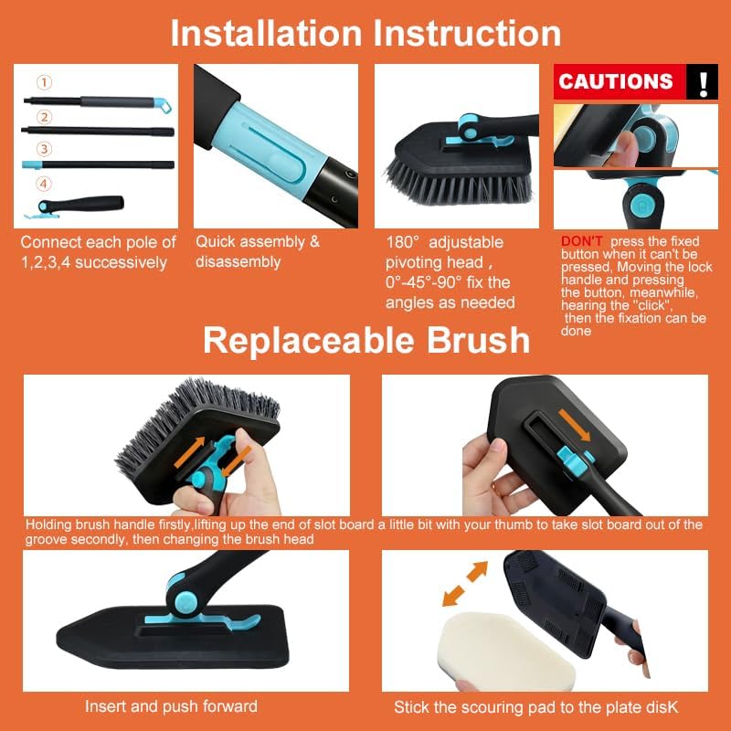 Long-Handled Shower Scrub Brush, 3-in-1, Black