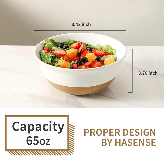 HASENSE Large Ceramic Serving Bowls Set of 2, 60 Oz 8.5 Inch White & Terracotta - Image 3