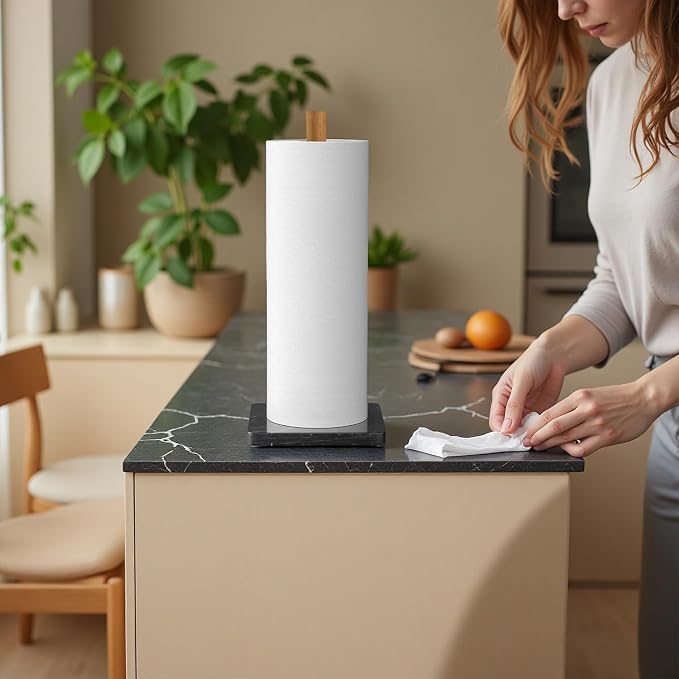 Buruis Wood Paper Towel Holder, Marble Base Modern Decorative Countertop - Image 7