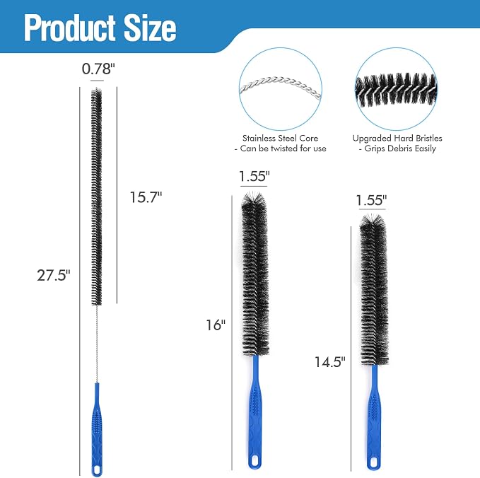 3PCS Drain Brush Set with Refrigerator Coil Cleaning Brush, Bathroom Drains & - Image 2