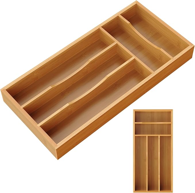 Small Silverware Organizer, Bamboo Kitchen Drawer Cutlery Organizer, Utensil by Bayting