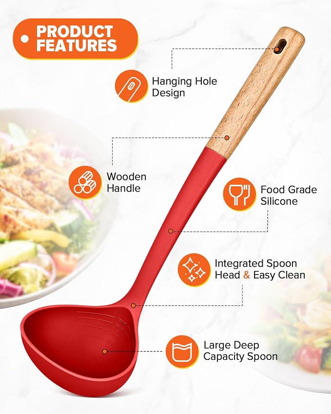 Pasta Fork and Ladle Set, and Sauce Pasta, BPA-Free Matte Silicone, Wood Handle - Image 4