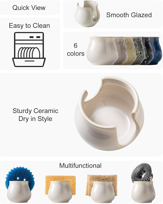 Zoeeker Sponge Holder for Kitchen Sink Counter, Ceramic Dish Sponge Caddy White - Image 2
