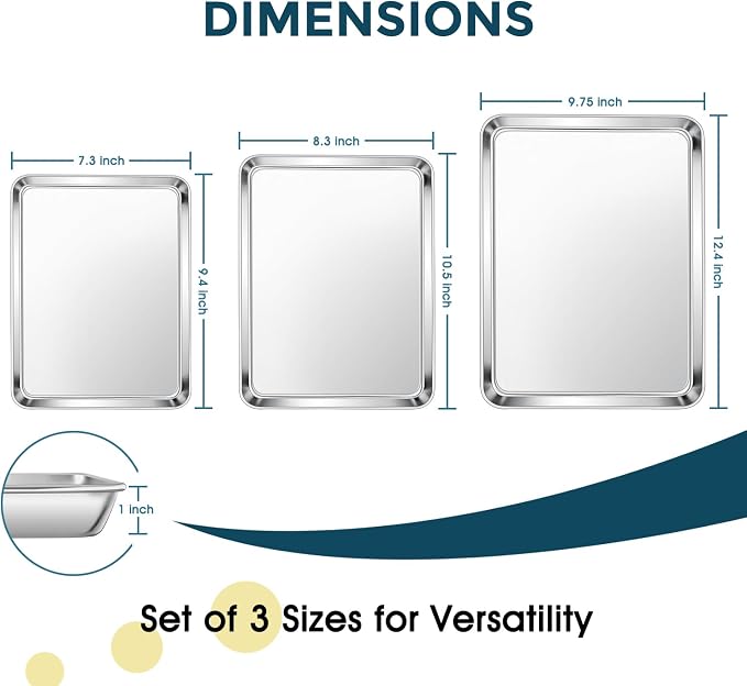 E-far Stainless Steel Baking Sheet Set of 3, 12.4”/10.5” /9.4” Cookie Sheet - Image 2