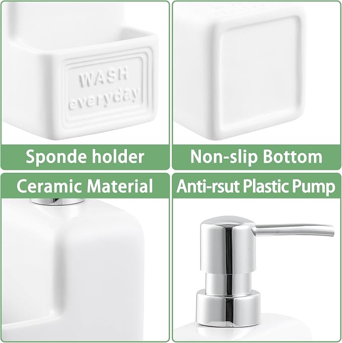 RQYIXI Soap Dispenser with Sponge Holder Ceramic Hand and Dish Soap Dispenser - Image 6