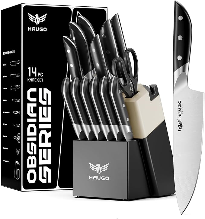 Kitchen Knife Set with Block: 14-Piece German Stainless Steel Full Tang by Haugo