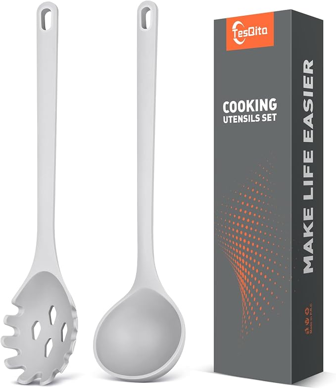 Silicone Spaghetti Spoon&Soup Ladle Cooking Utensils Set of 2, No Scratch by TesQita