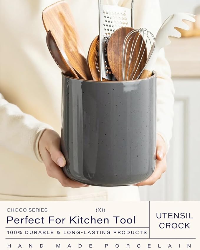 getstar Large Utensil Holder for Kitchen Counter, 7.2" Grey Ceramic Utensils - Image 2