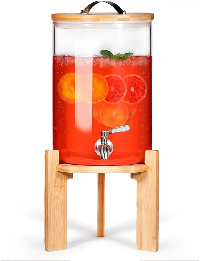 Glass Beverage Dispenser with Bamboo Stand and Lid, Iced 2.1 Gallon Drink by StrirumoHome