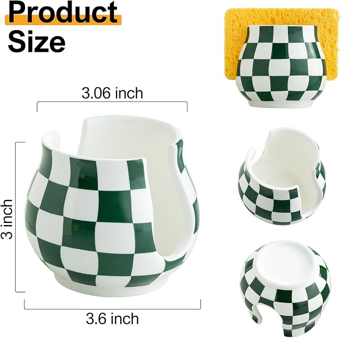 Zoeeker Kitchen Sponge Holder, Ceramic Sponge Organizer Checkered Scrubby - Image 2