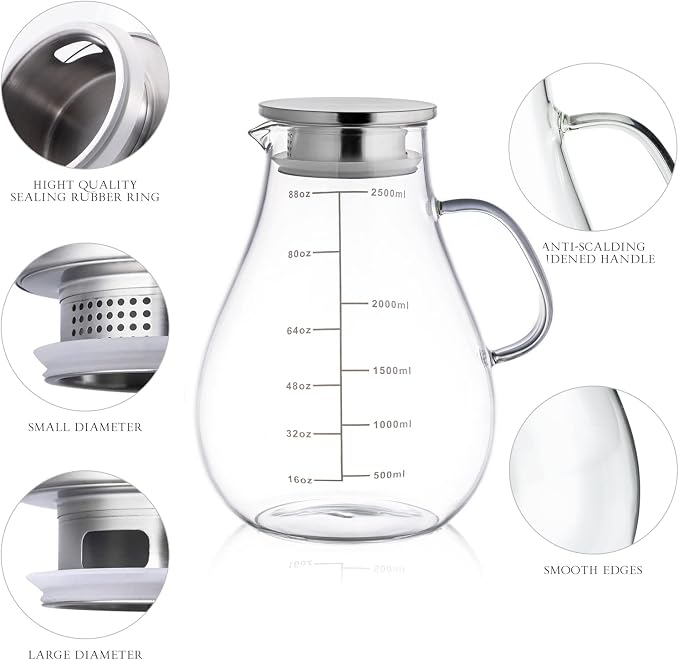 Glass Pitcher with Lid, 88 Ounces -2500ml with Precise Scale Line, Hot/Cold - Image 5