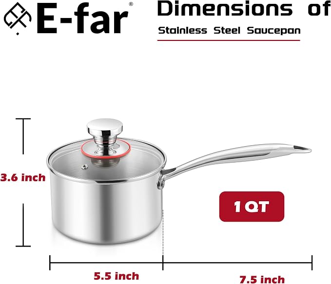 E-far 1-Quart Saucepan, Tri-Ply Stainless Steel Sauce Pan - Image 2